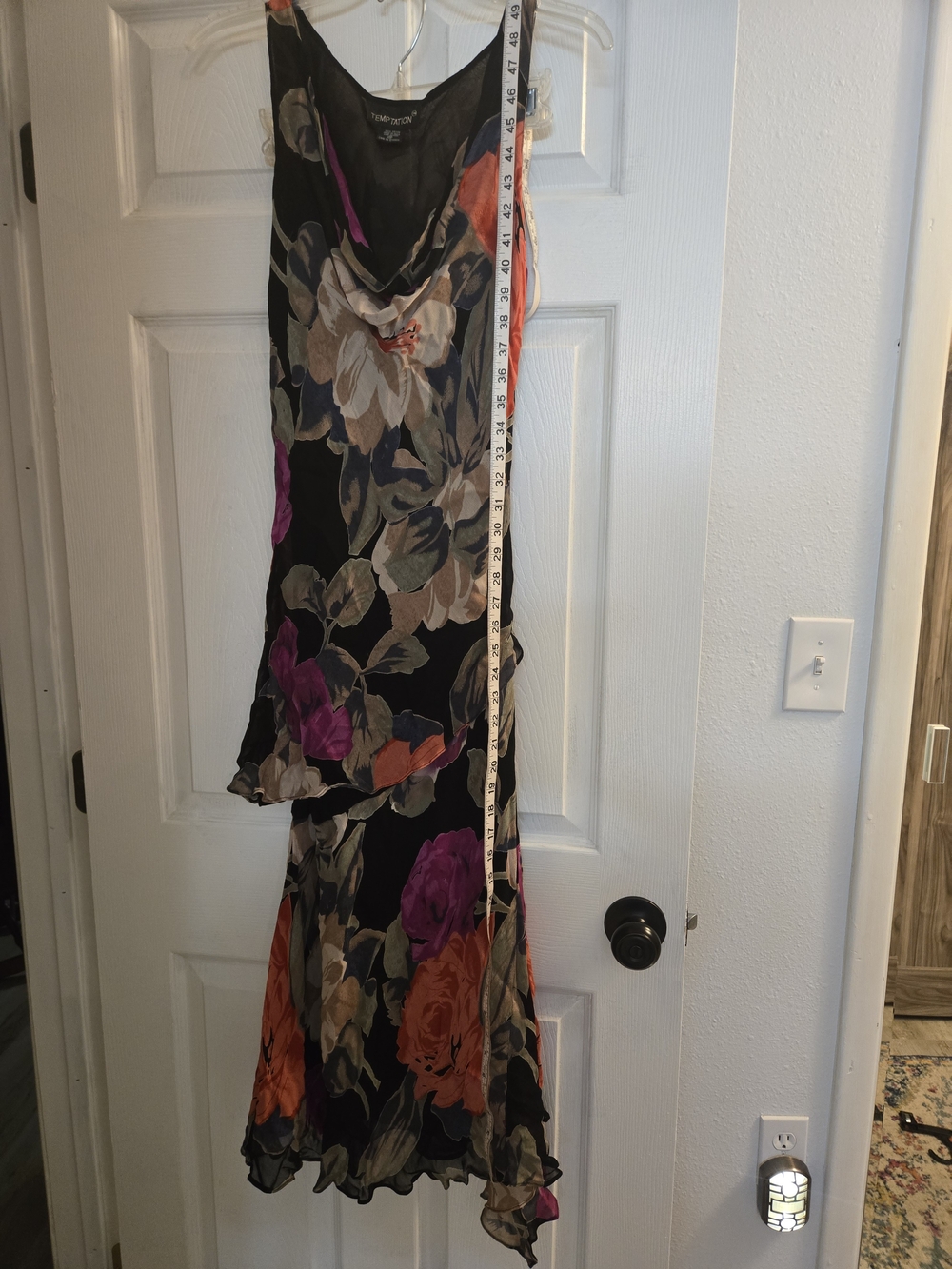 Temptations Black Floral Midi Dress with Purple and Orange Accents